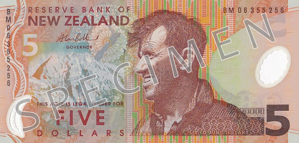 Forsiden af ​​den gamle serie seddel 5 New Zealand dollar
