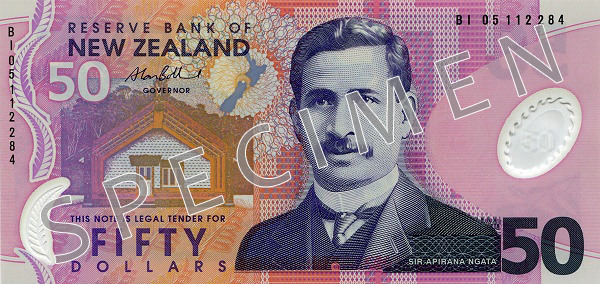 Forside af ny serie seddel 50 New Zealand dollar