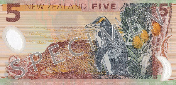 Bagsiden af ​​den gamle serie seddel 5 New Zealand dollar