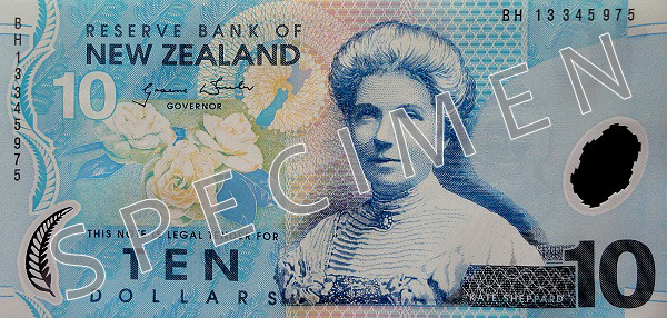 Forside af gammel serie seddel 10 New Zealand dollar