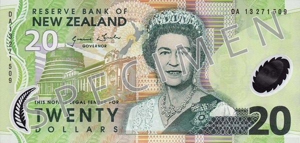 Forsiden af ​​den gamle serie seddel 20 New Zealand dollar