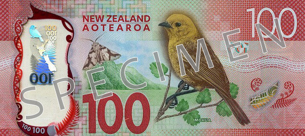 Bagsiden af ​​ny serie seddel 100 New Zealand dollar