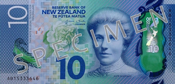 Forside af ny serie seddel 10 New Zealand dollar