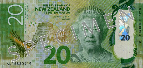 Forside af ny serie seddel 20 New Zealand dollar