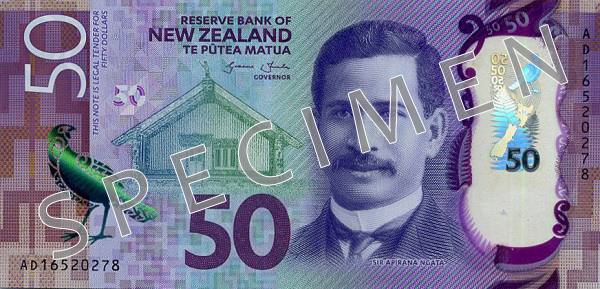 Forside af ny serie seddel 50 New Zealand dollar