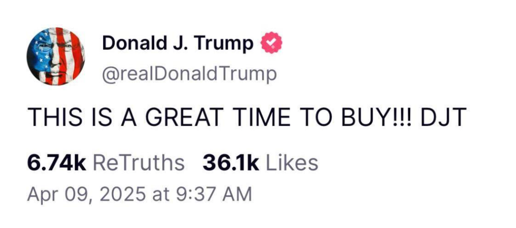Den 9. april skrev Præsident Donald Trump dette på hans sociale medie Truth Social. Dette opslag har medført beskyldninger om manipulation af aktiemarkedet og insider trading mod præsidenten.